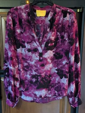 Aaron Ashe Silk Purple & Black Abstract V-Neck Long-Sleeve Blouse